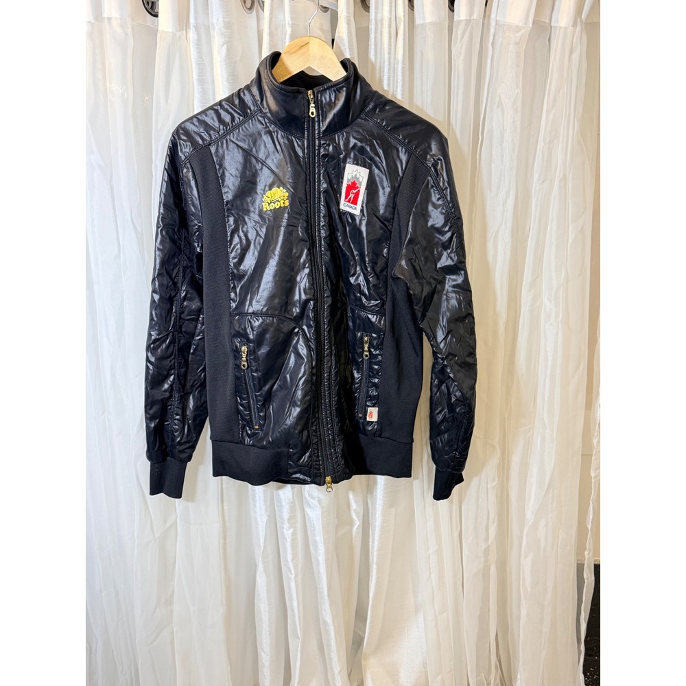 Roots Track Jacket Mens L Black Canada Olympic Logo Full Zip Shiny Ribbed Side